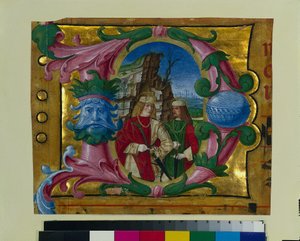 Historikert initial D Utskåret fra en korbok: To martyrhellige, ca. 1500-1510.
