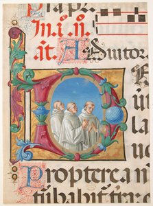 Manuskriptbelysning med syngende munker i en initial D, fra en Psalter, 1501-2.