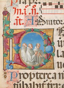 Manuskriptbelysning med syngende munker i en initial D, fra en psalter, italiensk, 1501-2.