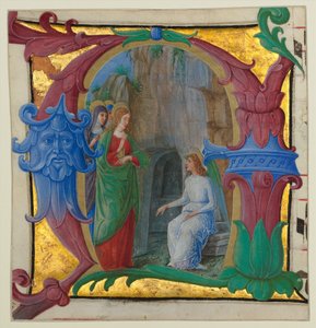 Manuskriptbelysning med de hellige kvinnene ved graven i en innledende A..., ca. 1490-1500.