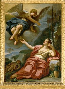 Engelen viser seg for Hagar i ørkenen (maleri på lerret) av Giulia Lama