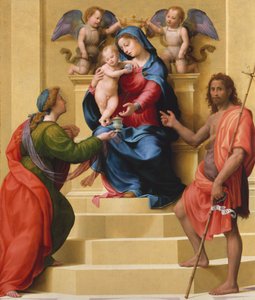 Madonna og barn på tronen med de hellige Maria Magdalen og døperen Johannes, ca. 1523. av Giuliano Bugiardini