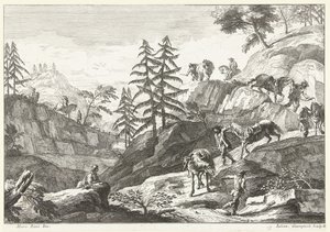 Fjelllandskap med ryttere som leder hester nedover på en sti Italienske landskap (serietittel) av Giuliano Giampiccoli