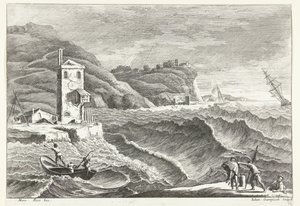 Kystlandskap med storm til sjøs og brannfyr Italienske landskap (serietittel) av Giuliano Giampiccoli