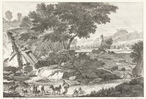 Landskap med gjetere og storfe ved fossen Italienske landskap (serietittel) av Giuliano Giampiccoli