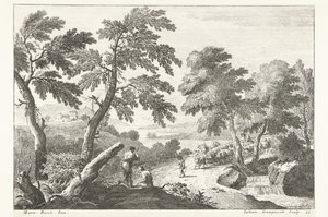 Landskap med gjetere på vei forbi en liten foss Italienske landskap (serietittel) av Giuliano Giampiccoli