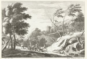 Landskap med tordenvær og skremte dyr ved en liten foss Italiensk landskap (serietittel)