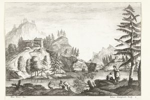 Landskap med elv og noen figurer Italienske landskap (serietittel) av Giuliano Giampiccoli