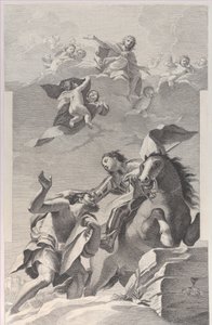 Saint Martin, på hesteryggen, og ga kappen sin til en tigger..., 1760-1800. av Giuliano Traballesi