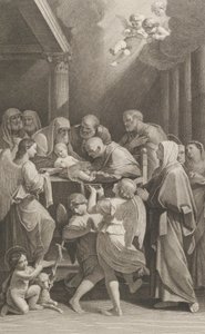 Kristi omskjæring, en gruppe menn, kvinner og engler som omgir ham, den..., ca. 1760-1800. av Giuliano Traballesi