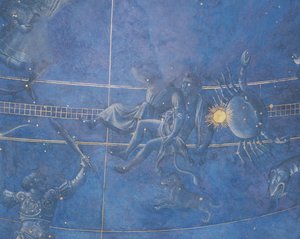 Solens vei gjennom stjernene natten til 4. juli 1442, detalj av Tvillingene og Krepsen, fra soffitten over alteret, ca. 1430 (detalj av 85088) av Giuliano dArrighi Pesello