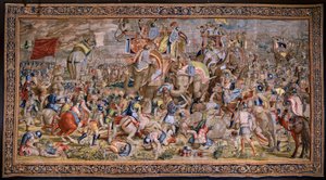 flamsk billedvev. Serien The Acts of Scipio: Slaget ved Zama. Tegneserieskaper Giulio Romano. Atelier av Balthasar van Vlierden (?), Brussel. 1523-1532. av Giulio (after) Romano