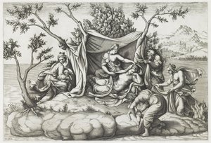 Latona gir fødsel til Apollo og Diana, gravert av Diana Mantovana (f.1535), etter 1575 (gravering) av Giulio (after) Romano