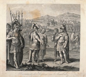 Møte mellom Hannibal og Scipio under de puniske krigene (etsing) av Giulio (after) Romano