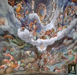 Zevs omgitt av andre guder fra Olympus som kaster lyn mot kjempene og ødelegger dem, hvelv og sør- og vestveggene, gigantenes kammer (Sala dei Giganti)