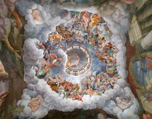 Zevs omgitt av andre guder fra Olympus som kaster lyn mot kjempene og ødelegger dem, hvelv og sør- og vestveggene, gigantenes kammer (Sala dei Giganti)