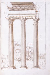 Søylene i tempelet til Castor og Pollux, med fredens tempel i bakgrunnen, ca. 1550 (en original tegning i svart kritt, penn og brunt blekk) av Giulio (circle of) Romano