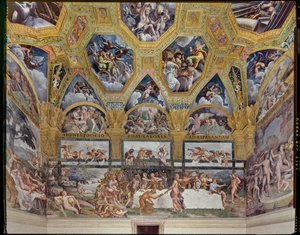 Room of Psiche: utsikt over den vestlige veggen, med den rustikke banketten (fresco) av Giulio (workshop of) Romano