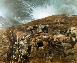 WWI: skyttergraver nær Gorizia, italiensk kampanje rundt Isonzo-elven, september 1917 (maleri)