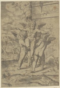Amor og tre putti av Giulio Bonasone (attributed to)