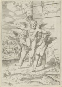 Amor og tre putti av Giulio Bonasone (attributed to)