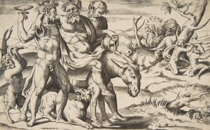 En beruset Silenus som rir på en esel og blir støttet av satyrer, 1531-76.