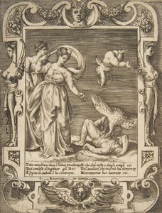 En gribb som spiser innmaten til Titius, Amor over to kvinner til venstre, satt innenfor en..., 1531-76. av Giulio Bonasone