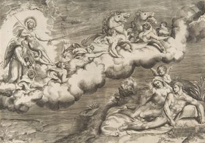 En allegori om den stigende solen, en naken mann iført et likklede og ledsaget Father Time..., 1531-76. av Giulio Bonasone
