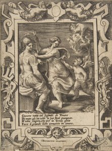 Athena satt i nærheten av Juno som har tatt bort Amors piler, satt innenfor en forseggjort ramme..., 1531-76. av Giulio Bonasone