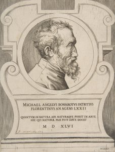 Bysteportrett av Michelangelo vendt mot høyre, satt i en kartusj., 1546. av Giulio Bonasone