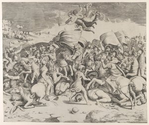 Konstantin beseiret tyrannen Maxentius, engler som bærer sverd flyr over, 1544., 1544. av Giulio Bonasone
