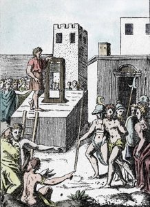Dødsstraff: henrettelsen av en dødsdom med forfaren til giljotinen (maskin en dekollasjon) i Italia kalt Mannaia og designet av Achille Bocchi, i 1555"" Gravering av Giulio Buonasone (Bonasone) (1498-1574) (Representasjon av Manna