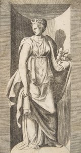 Diana holder frukt i venstre hånd stående innenfor en nisje, ca. 1531-76. av Giulio Bonasone