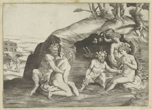 Tre nymfer og to satyrer som bader av Giulio Bonasone