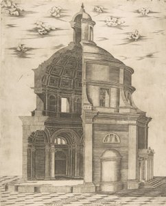 Eksteriør og indre del av et tempel i Roma dedikert til Neptun, 1541. av Giulio Bonasone