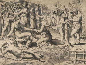 Flora i sentrum gir en krans til en annen kvinne, omgitt av andre fig..., midten av 1500-tallet. av Giulio Bonasone