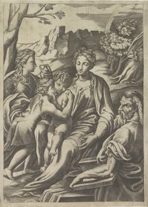 Hellig familie med den unge døperen Johannes og Maria Magdalena av Giulio Bonasone