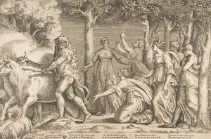 Herkules driver vekk storfeet til Geryon, til høyre er nymfene til Hesperides, ..., 1531-76. av Giulio Bonasone
