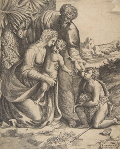 Hellig familie med døperen Johannes som kneler til høyre, 1531-76. av Giulio Bonasone