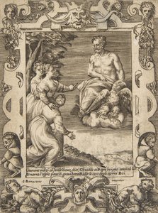 Juno til venstre ber Jupiter om å hjelpe grekerne, satt innenfor en forseggjort ramme, fra 