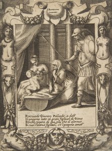 Juno overtalte Athena til å pleie den unge Hercules, satt innenfor en forseggjort ramme, fra..., 1531-76. av Giulio Bonasone