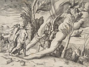 Jupiter og Juno ble mottatt i himmelen av Ganymedes og Hebe, fra 'divisjonen..., 1531-76. av Giulio Bonasone