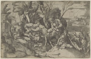 Jupiter die av geiten Amalthea av Giulio Bonasone
