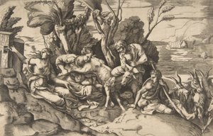Jupiter die av geiten Amalthea, 1531-76.. av Giulio Bonasone