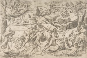 Mars og Rhea Silvia: i sentrum holder Mars et skjold og sverd, Rhea Silvia sover..., ca 1531-76. av Giulio Bonasone