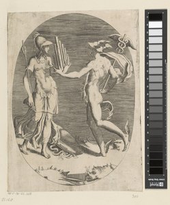 Mercury gir Minerva en panfløyte av Giulio Bonasone