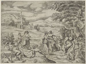 Mercury forteller historien om Pan og Syrinx av Giulio Bonasone