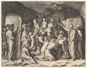 Moses som ber israelittene om å samle manna og Moses slår klippen. av Giulio Bonasone