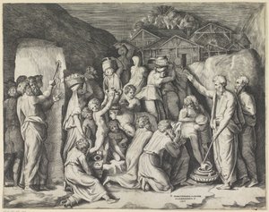 Moses beordrer israelittene å samle mannaen, og Moses slår vann ut av klippen av Giulio Bonasone