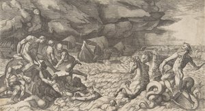 Neptun roet stormen Aeolus reist mot Aeneas-flåten, 1531-76. av Giulio Bonasone